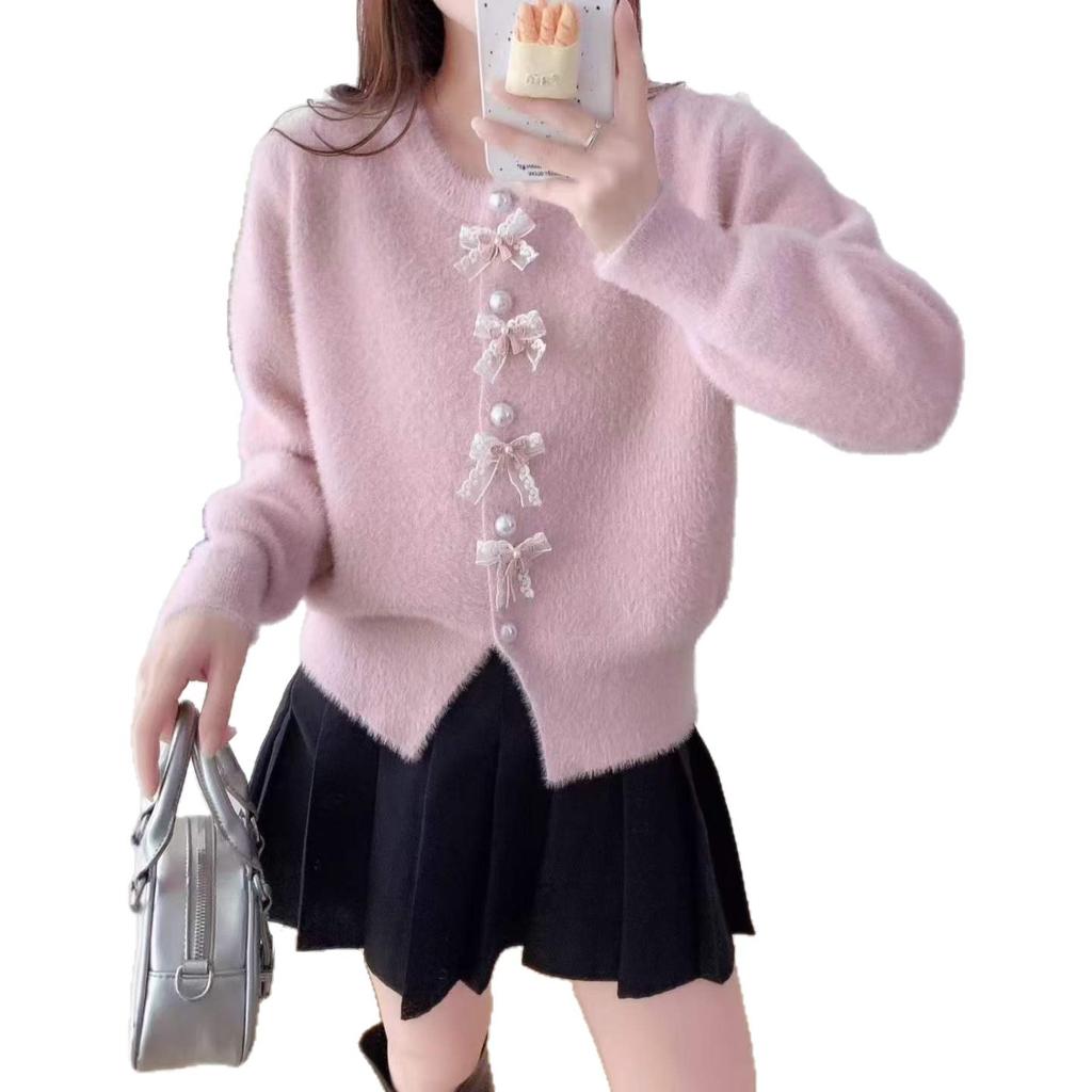 3D Bow Mink Knit Cardigan for Women, New Autumn/winter Loose, Soft, and Versatile Sweater Jacket