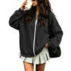 Women's Long Sleeve V-Neck Zip-Up Jacket Loose Fit Color Casual Outerwear