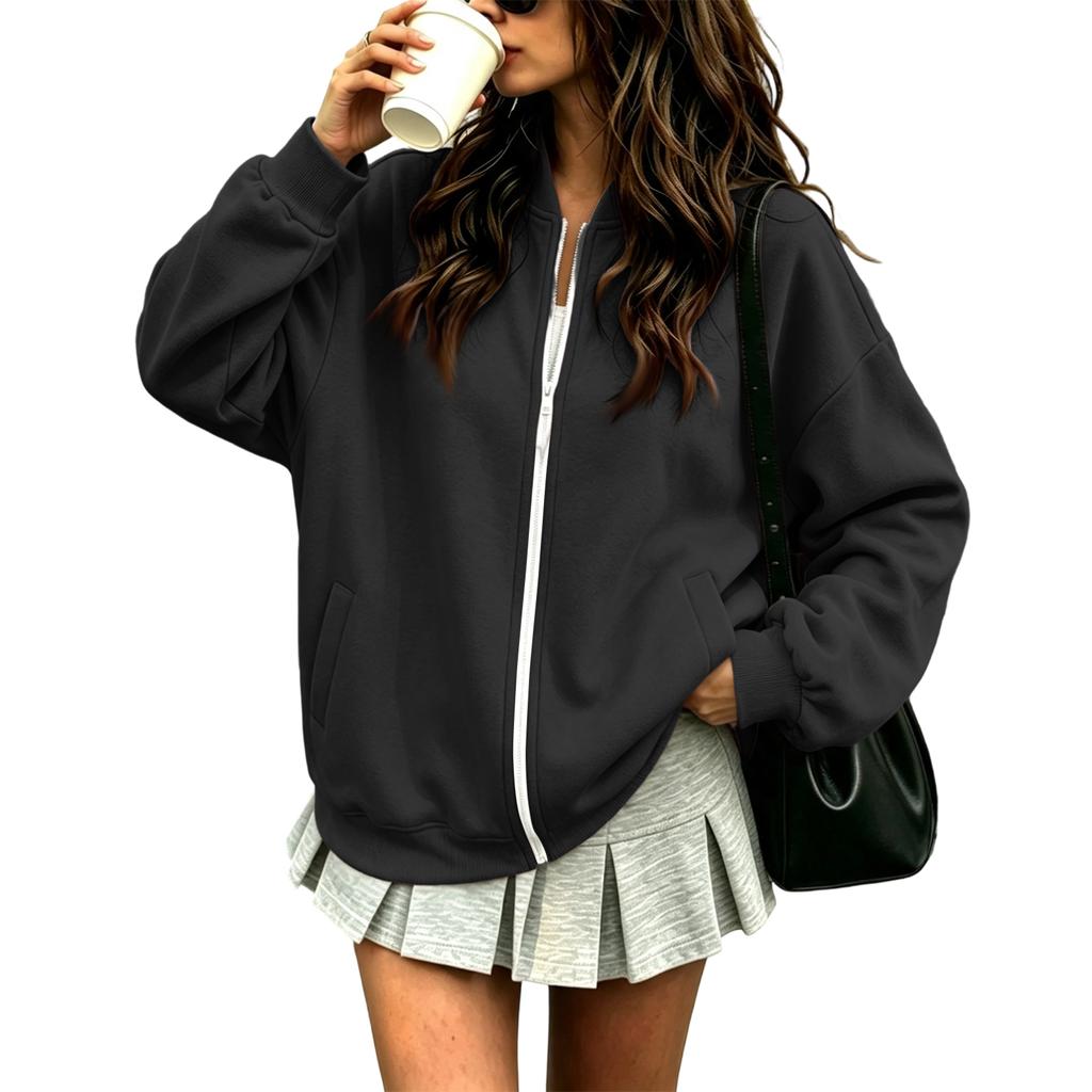 Women's Long Sleeve V-Neck Zip-Up Jacket Loose Fit Color Casual Outerwear