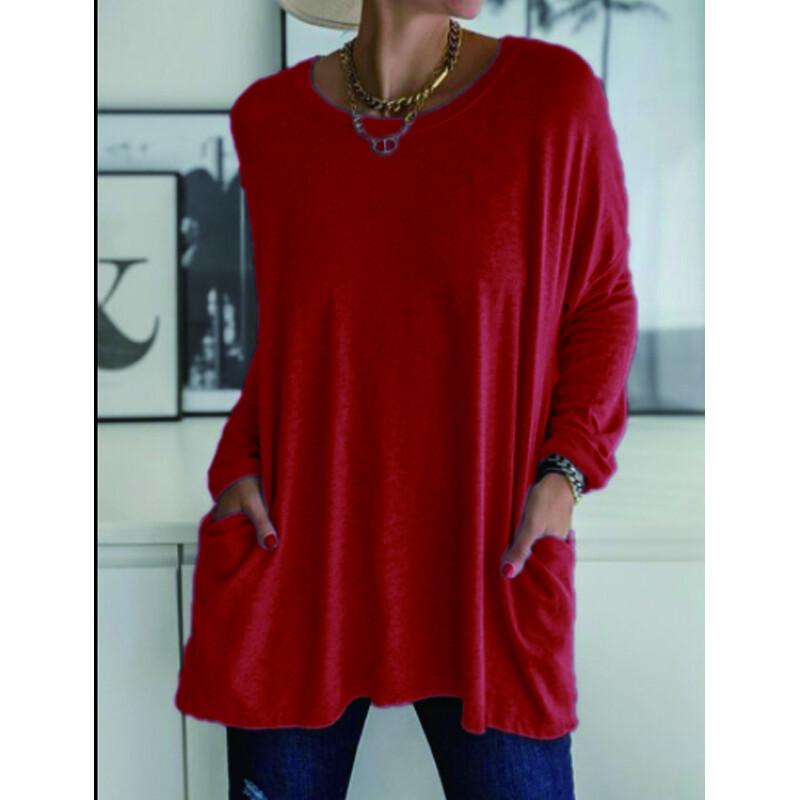 Women's Clothes Autumn Spring Long Sleeve Crew Neck T-shirt Long Sleeve Blouse; Pocket T Shirts for Women; Loose Fit Tops