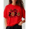 Women's Hello T-shirt, Hello Happy New Year Graphic Print T-Shirt, Women's Loose Casual Round Neck Short Sleeve Tee,