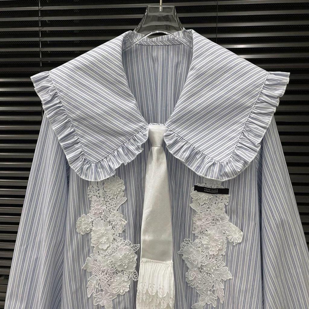 2026 Spring Women's Striped Sailor Collar Shirt Dress with Lace