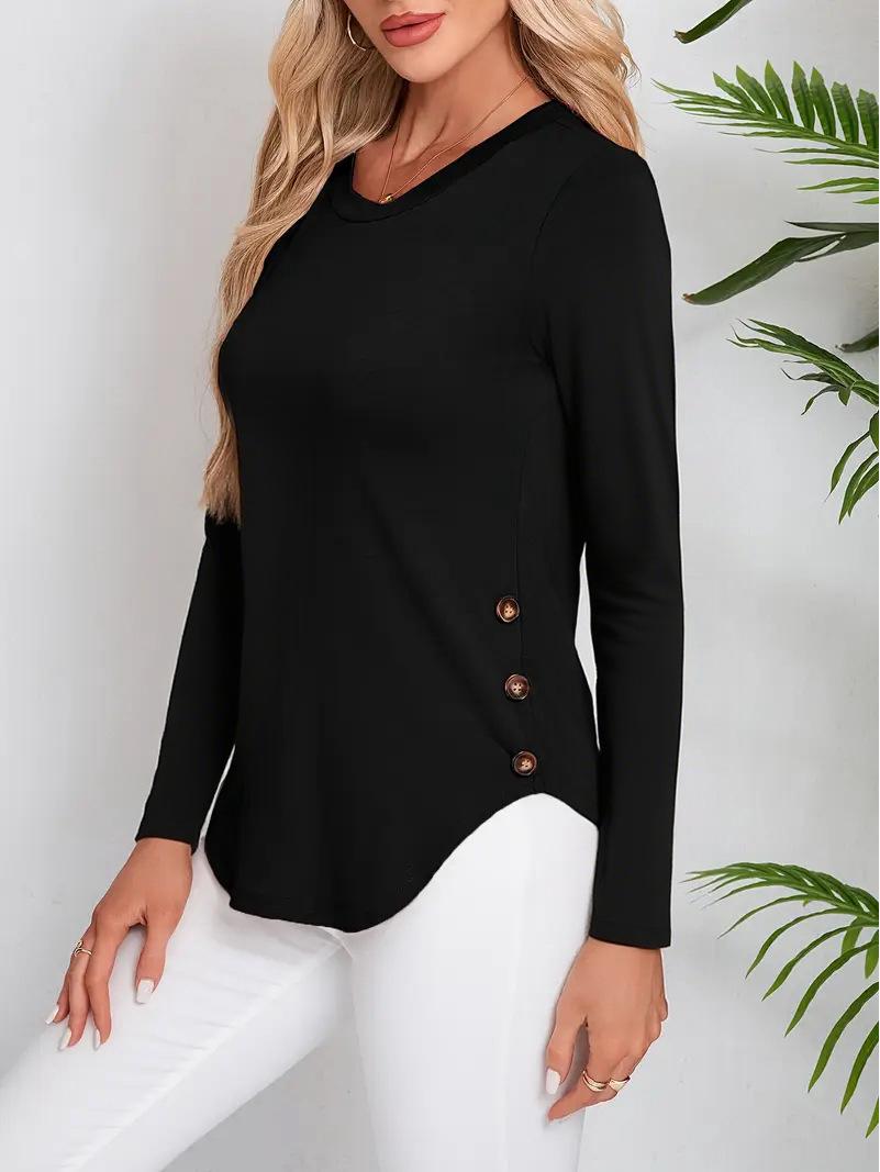 

2025 Women s Long Sleeve Round Neck Curved Hem T-shirt for Autumn/Winter Medium чёрный