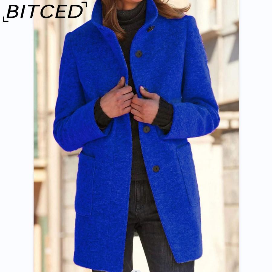 BITCED Autumn/Winter Women's Vintage Solid-Color Button-Up Stand Collar Wool Coat