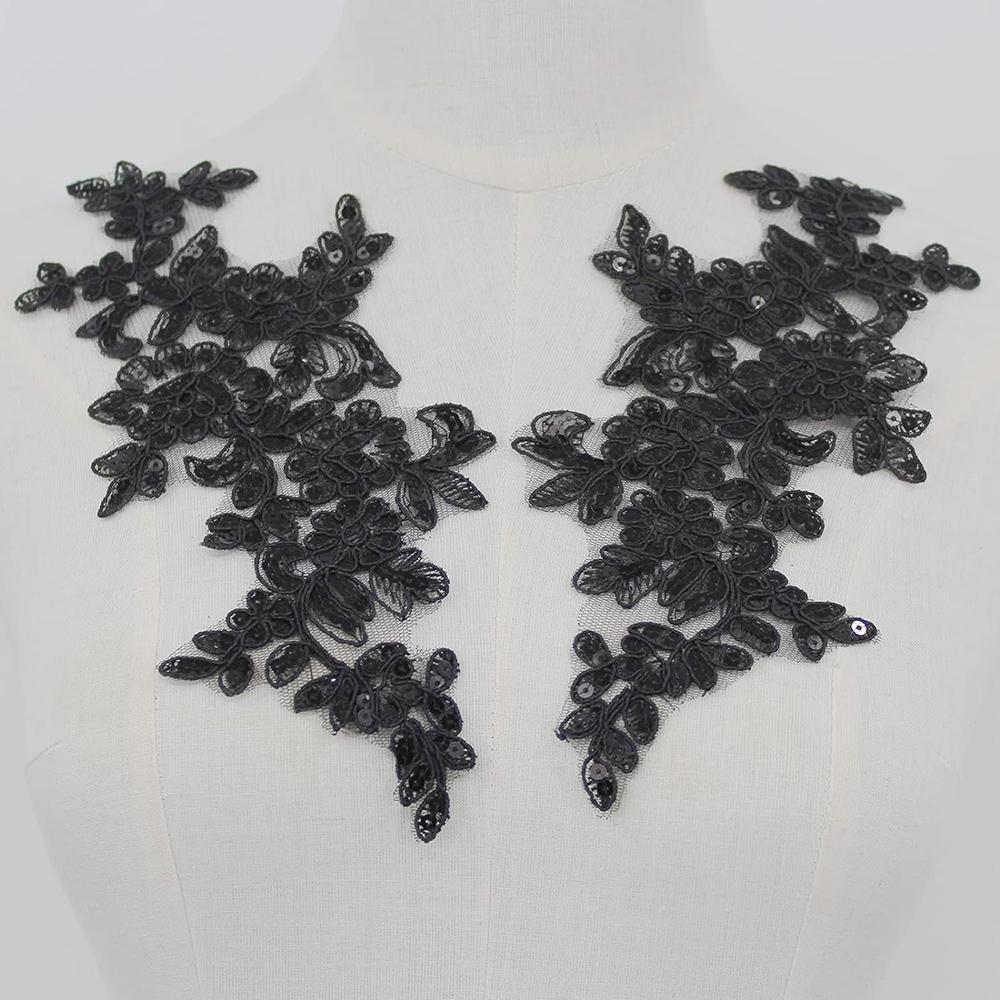 1Pair White Black Applique Flower Sequins Lace Fabric Patch For Garment Wedding Accessories