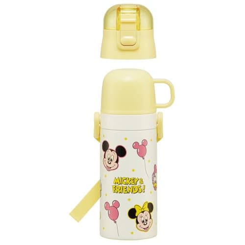 Skater Children's Water Bottle, 2-Way, Straw/Cup/400ml Capacity, Disney Mickey & Friends Balloon Design, Stainless Steel, Lightweight, Insulated, Smal