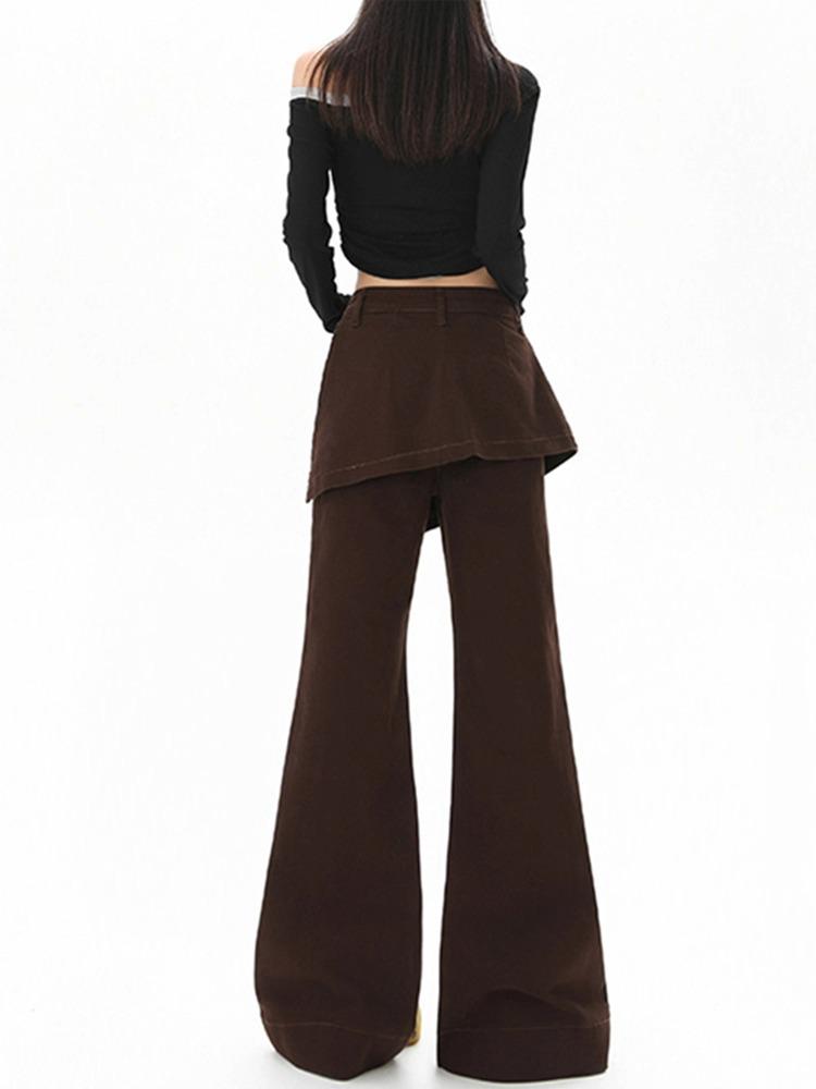 Women's Autumn Brown Faux Two-Piece High-Waisted Micro-Flare Jeans with Mallard-Inspired Wide-Leg Design