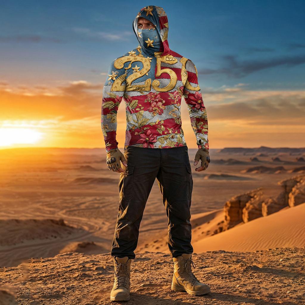 Men's Casual Raglan Sleeve Hooded Long Sleeve Sun Protection Shirt with Graphic Print Lightweight Breathable Fabric for Outdoor Activities