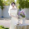 French High-end One-word Shoulder White Banquet Dress Registration Certificate Small White Dress Travel Photo Light Wedding Dress