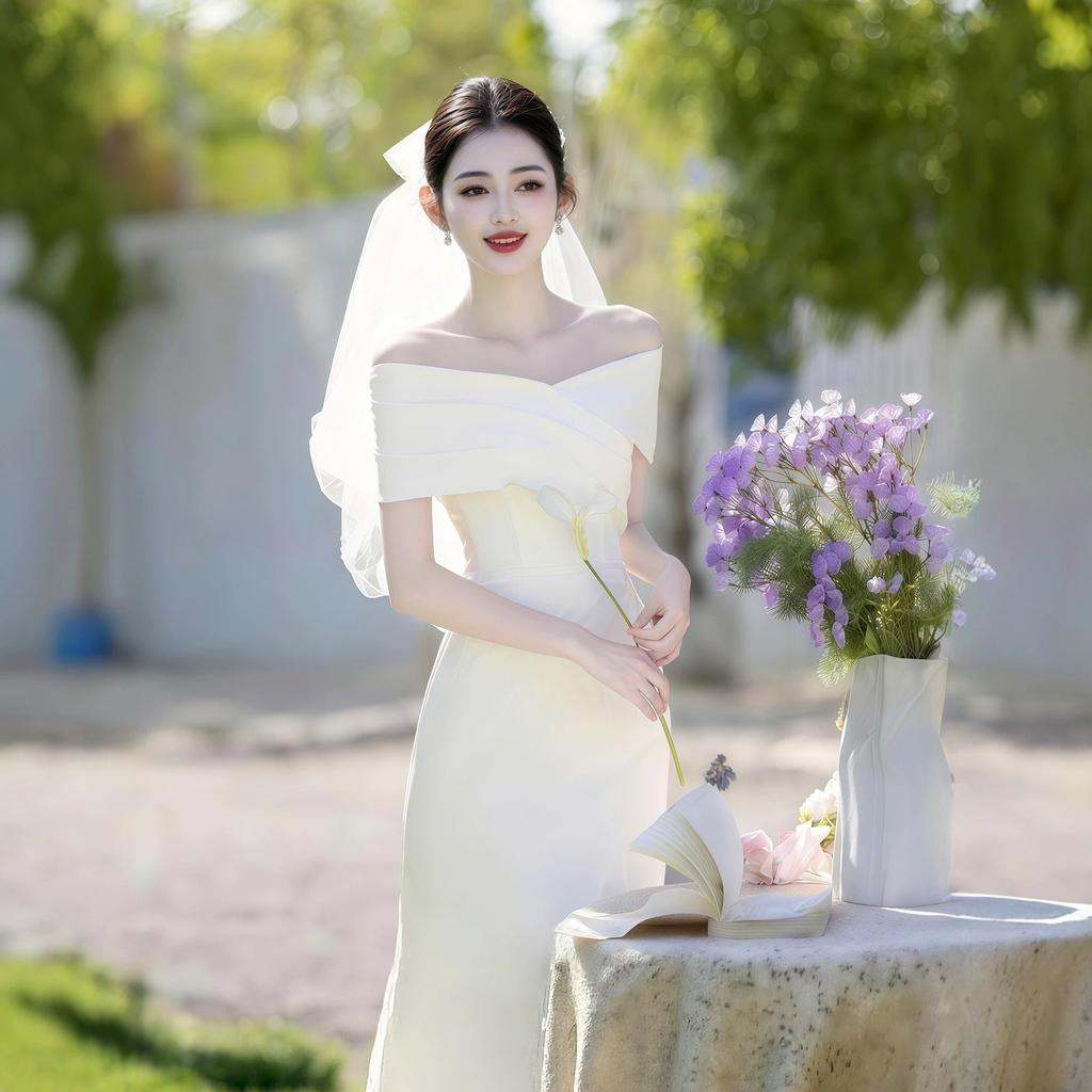 French High-end One-word Shoulder White Banquet Dress Registration Certificate Small White Dress Travel Photo Light Wedding Dress