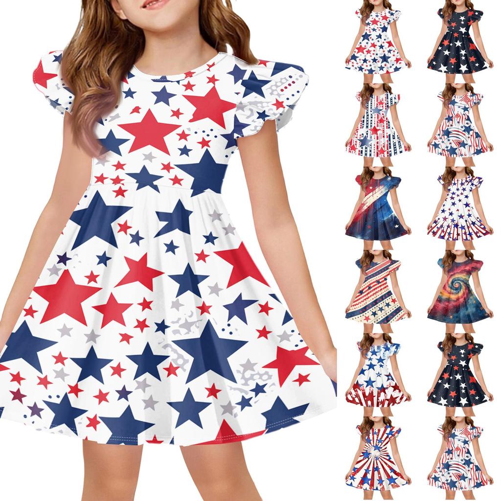 Girls Short Sleeve Dress with Star and Stripe Print Soft Crew Neck Casual A Line Fit Lightweight Summer Dress