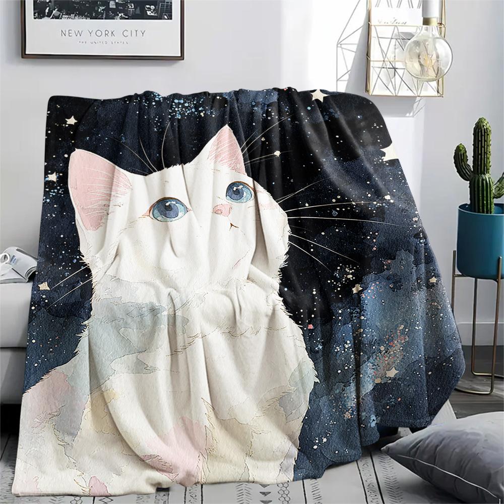 White Cat Print Flannel Blanket, High quality Comfortable for All Seasons, Home Decor, Warmth and Comfort, Perfect for Christmas Gifts