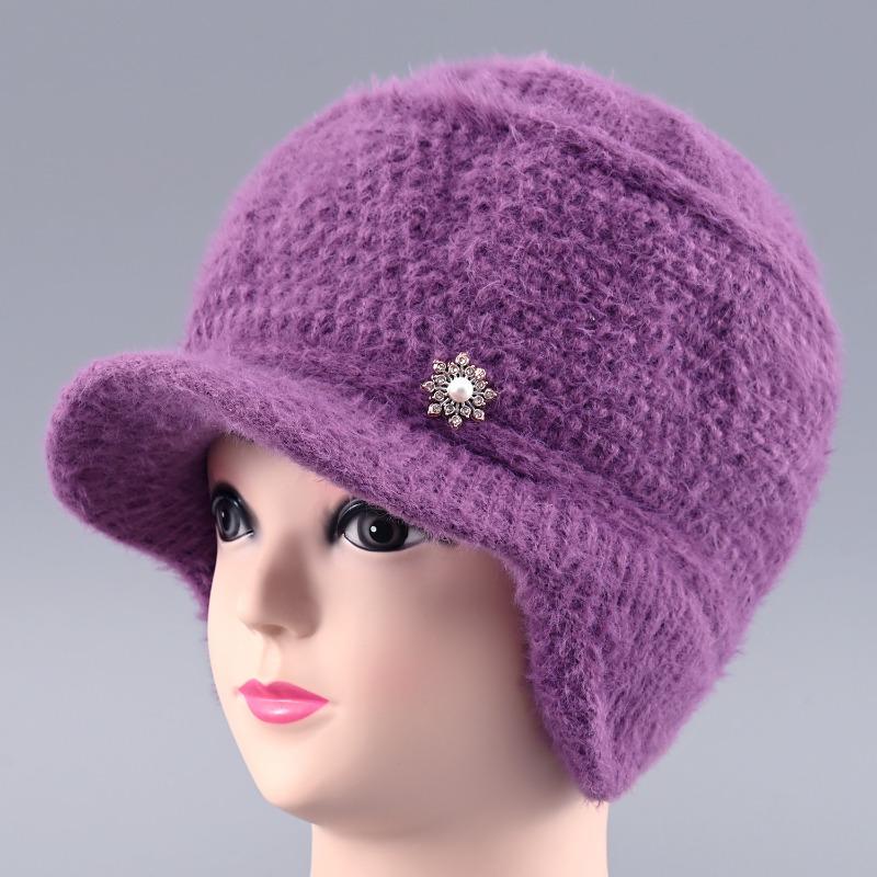 Hat Female Winter Rabbit Hair Warm Wool Hat Old Lady Cold Protection Ear Protection Knitted Hat