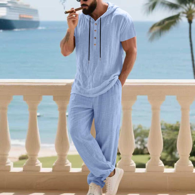 Autumn Casual Linen Hooded Short Sleeve Henley Shirt with Long Pants Set for Men