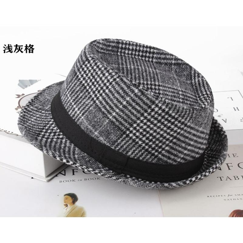 Autumn and winter men's top hat, Frannie plaid fabric warm middle-aged and elderly jazz hat casual top hat men's hat