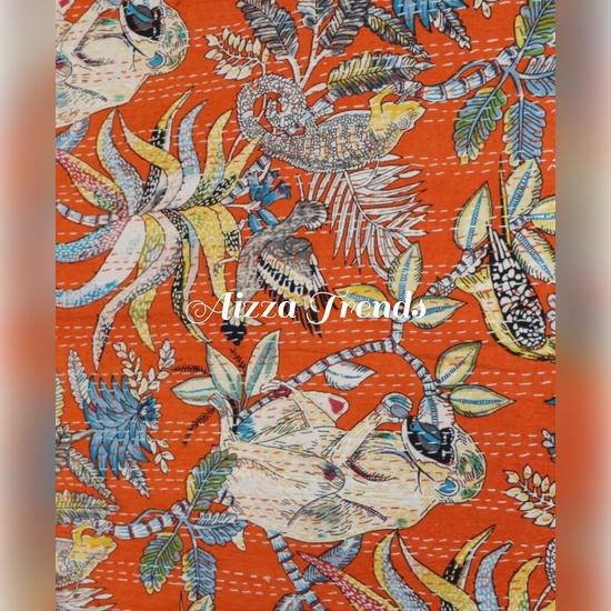 Aizza Trends Handmade Pure Cotton Monkey Print Kantha Quilt  - Traditional Look Bed Spread Kantha Gudri - Vintage Hand Stitch Gudri