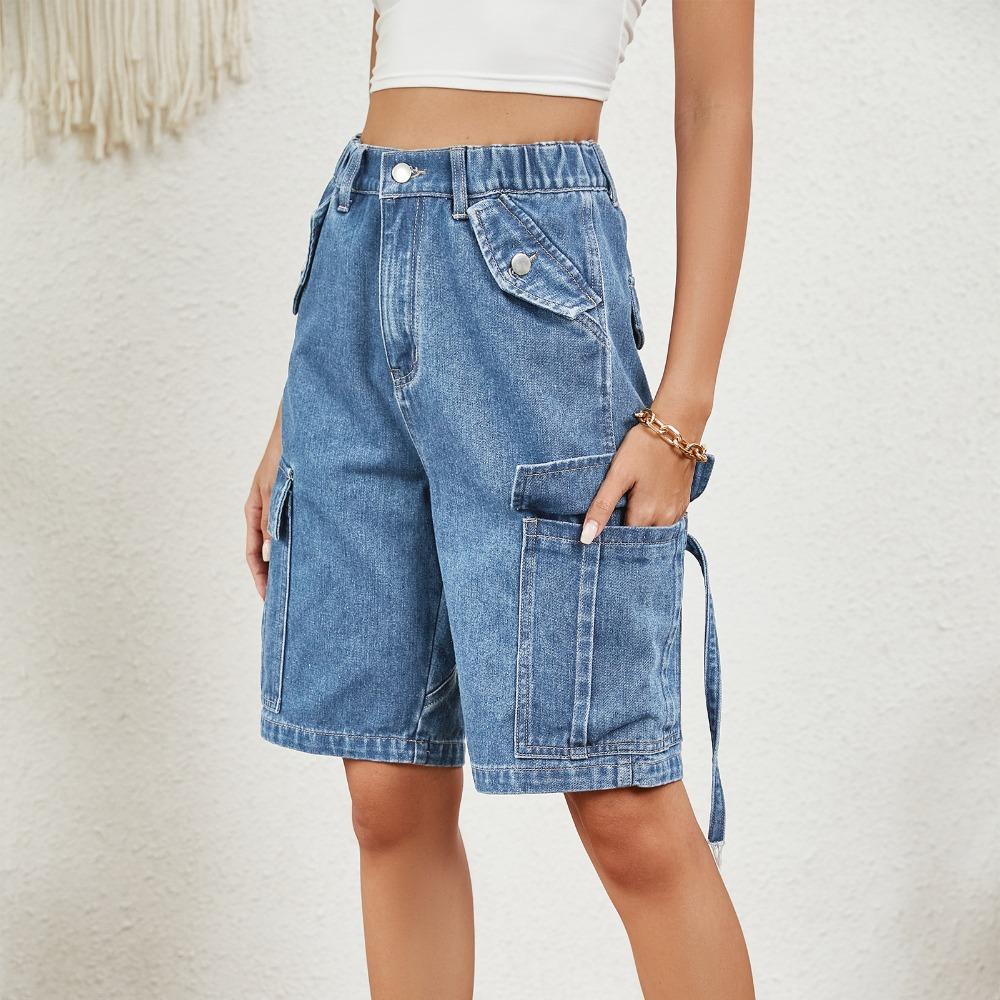 Women's Elastic Waist Denim Cargo Bermuda Shorts Multi‑Pocket Straight Leg Washed Denim Knee‑Length Shorts