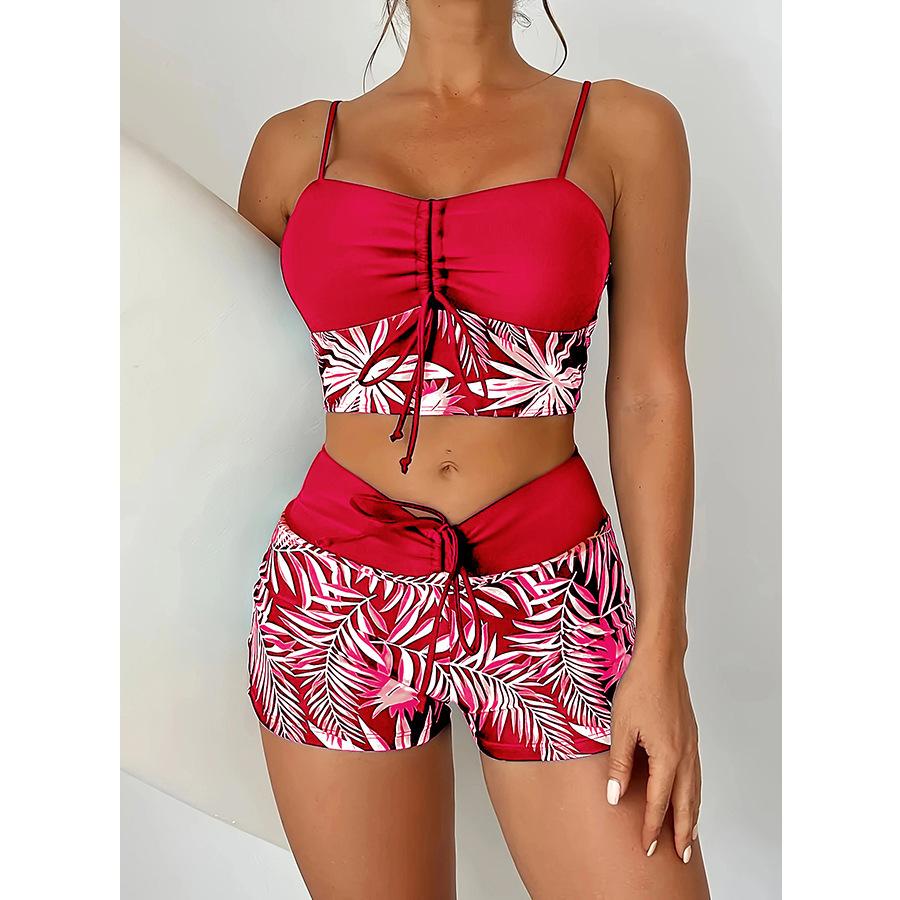 High waist flat angle strap print solid color splicing print large size swimsuit