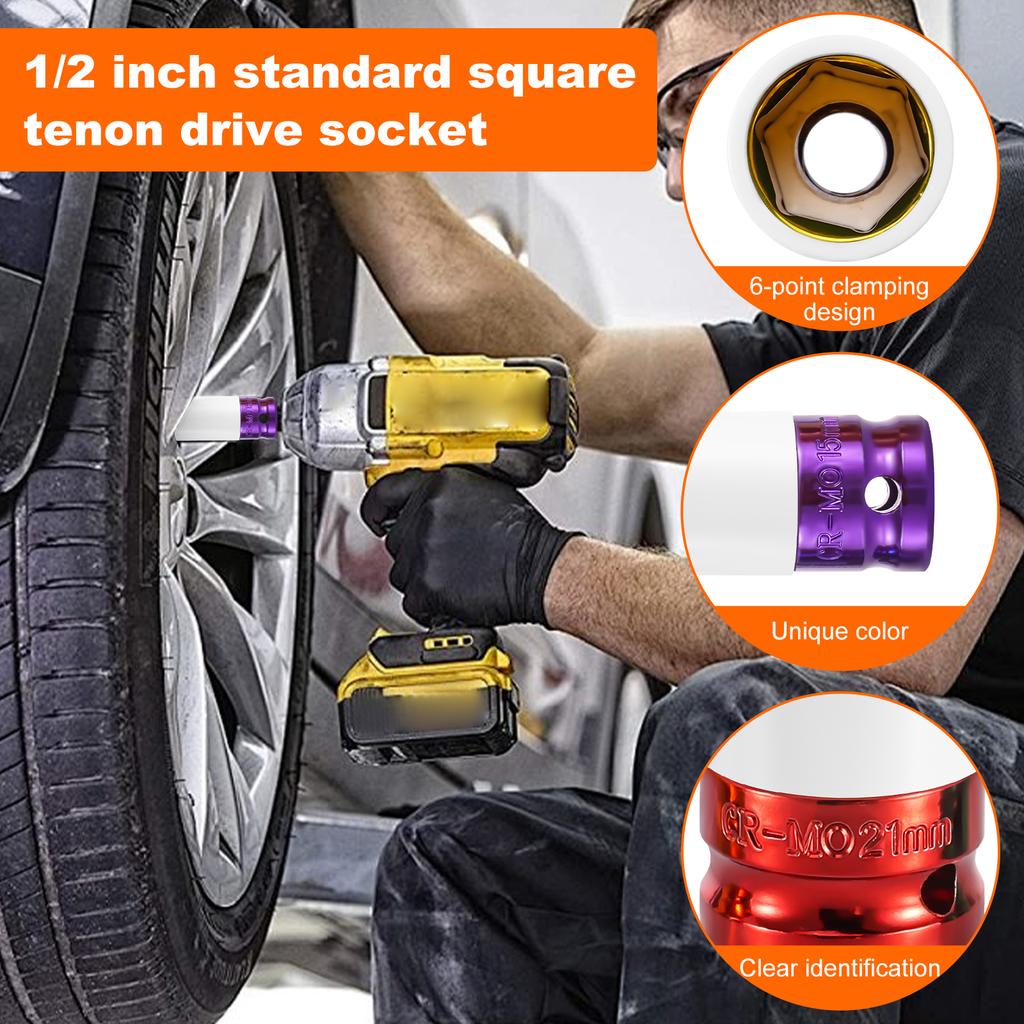 15/17/19/21/22mm Hex Sockets Pneumatic Wrench Tire Screw Sleeve 1/2 In Air Gun Tire Protection Impact Nut Socket Car Garage Tool