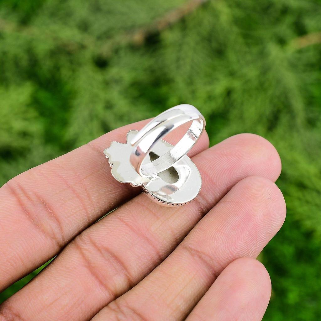 925 Sterling Silver Natural Scolecite Boho Flower Bezel Statement Ring Jewelry