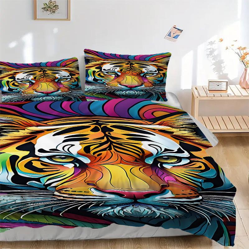 3pcs Tiger Print Duvet Cover Set, Cover For Bedroom Guest Room (1 Duvet Cover + 2 Pillowcase, Without Quilt),  Yy250922136