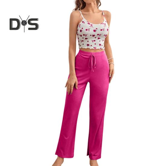 Zweiteiliges Pyjama-Set für Damen, ärmellos, Camisole, bauchfreies Top, weites Bein, Hose, Sommer, lässiges Lounge-Nachtwäsche-Set
