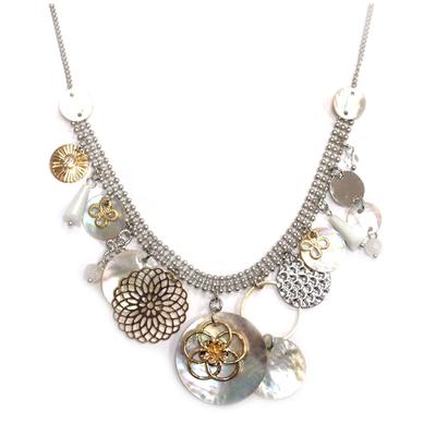 [Q8777] - Designer Necklace 'Acapulco' Silver Beige - 16x5 Cm