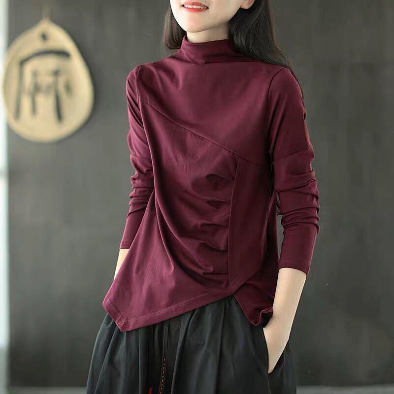Literary Retro T-shirt for Women, Small Turtleneck, Irregular Pleated Bottoming Shirt, Versatile Temperament, Slimming Top