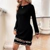 Women's Autumn Winter Long Sleeve Patchwork Bag Hip Base Slim-fit Dress