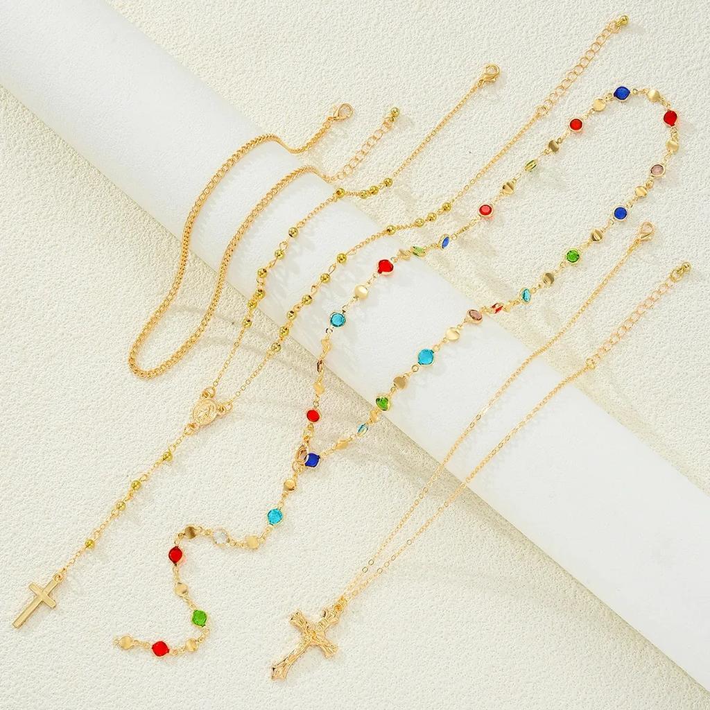 1 Set Cross Luxury Rhinestone Pendant Necklace Set for Women Vintage Simple Colorful Crystal Long Y-shaped Y2K Party