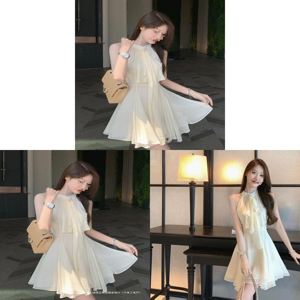 French Lady Irregular Waistless Chiffon Dress With Halter Neck For Summer Fashion