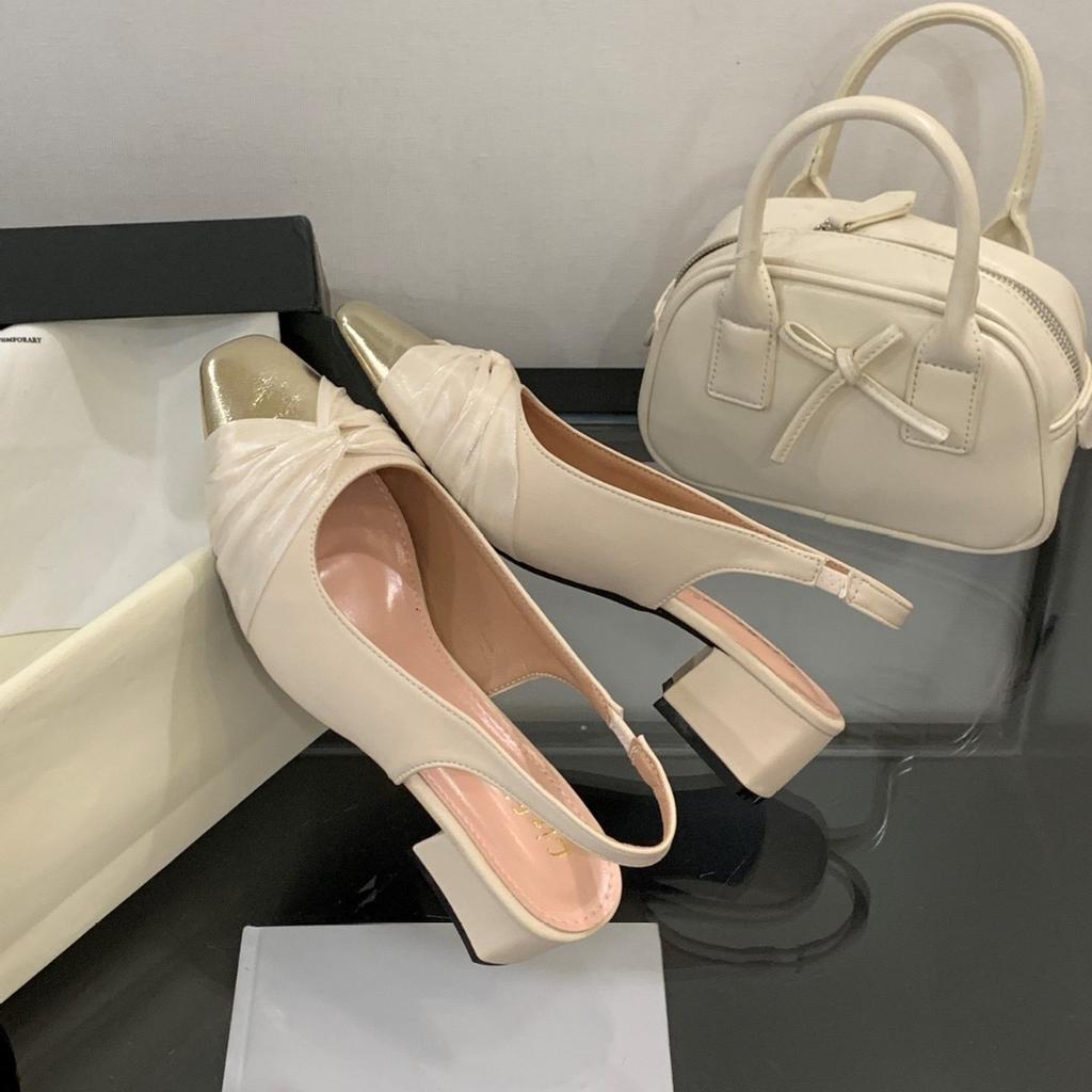 228-2~ Coarse heel French Xiaoxiangfeng bag head sandals women's shoes 2025 new temperament square head empty shoes