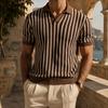 Men's Striped Polo Shirt Turn Down Collar Ice Silk Short Sleeve Smart Casual Vintage Old Money V Neck Knit Top
