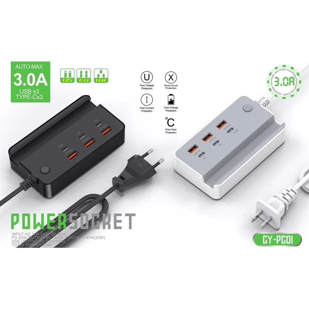 USB Type C Phone Charger Socket 35W 6 Ports Fast Charging Desktop Power Strip with Phone Holder for IPhone Samsung Xiaomi Huawei