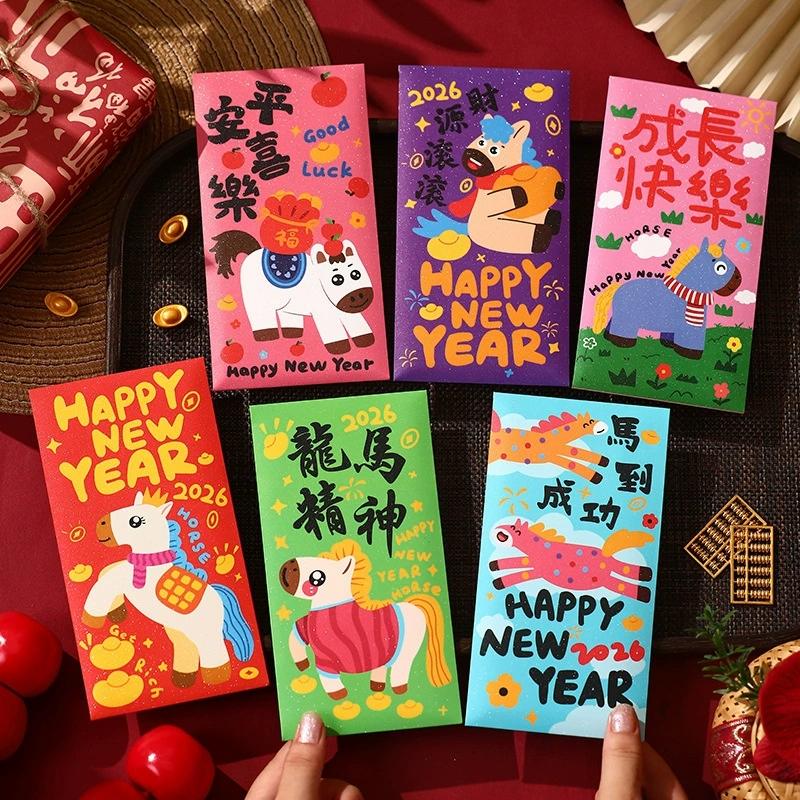 6 st 2026 Hästens År Röda Kuvert Lyckopåse Vårfest Välsignelse Ficka Rött Kuvert Nyårsdekoration Gåva
