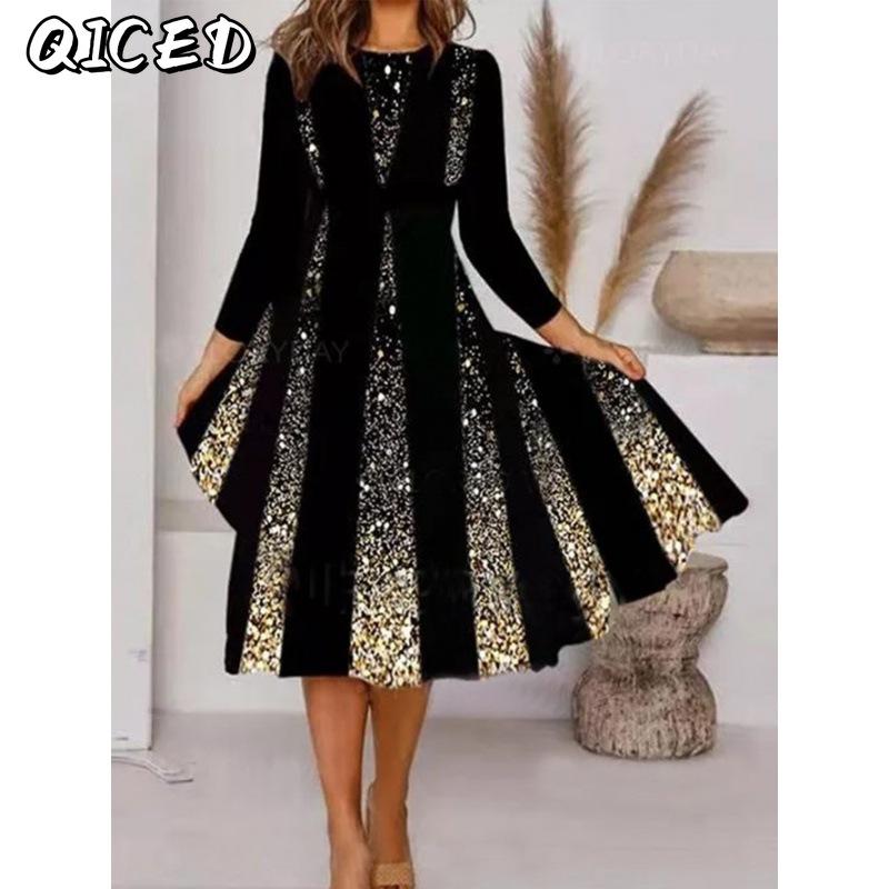 QICED Mode Herfst Winter Lange Mouw Ronde Hals Casual Jurken