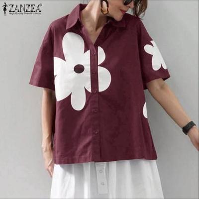 Women Casual Turn Down Collar Loose Short Sleeve Floral Blouse