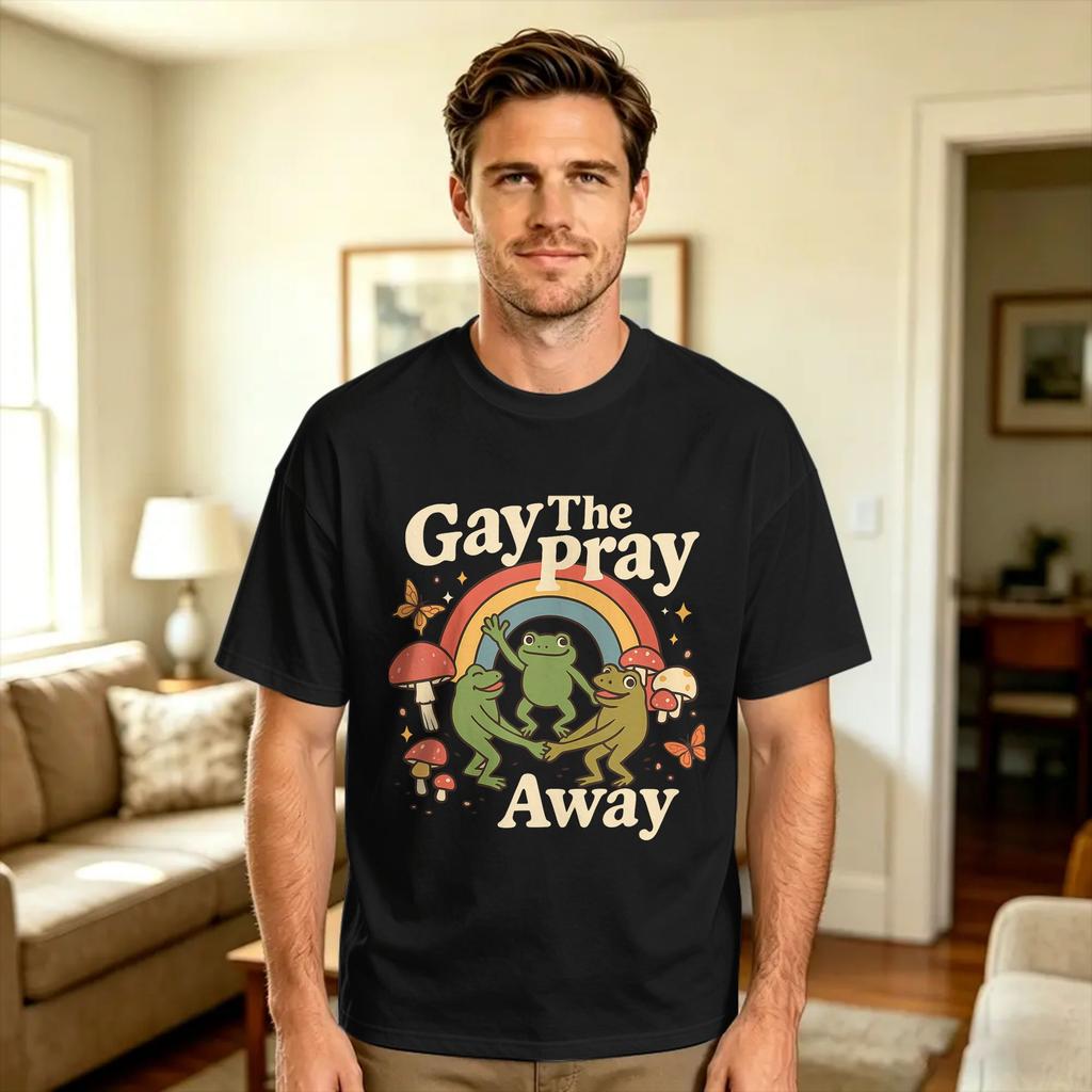 Gay The Pray Away Funny Frog Retro Pride LGBTQ Rainbow T Shirt Summer 100 Cotton TShirts For Unisex Custom Tee Shirt Short Sleeve