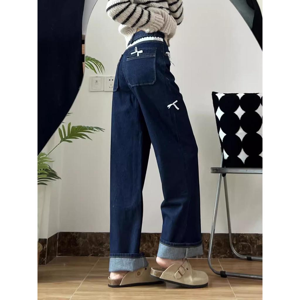 Retro Dark Blue Denim Pants for Women Spring Autumn Sweet Lace Bow Jeans Female American Style Straight Loose Wide Leg Pants