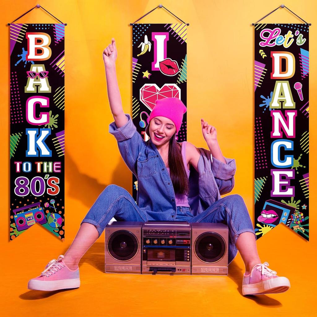 3 Pieces 80's Party Decorations Back To The 1980 Banners I Love 80s Porch Signs Hanging Backdrops for Home Bar Retro Theme Hip Hop Rock Disco