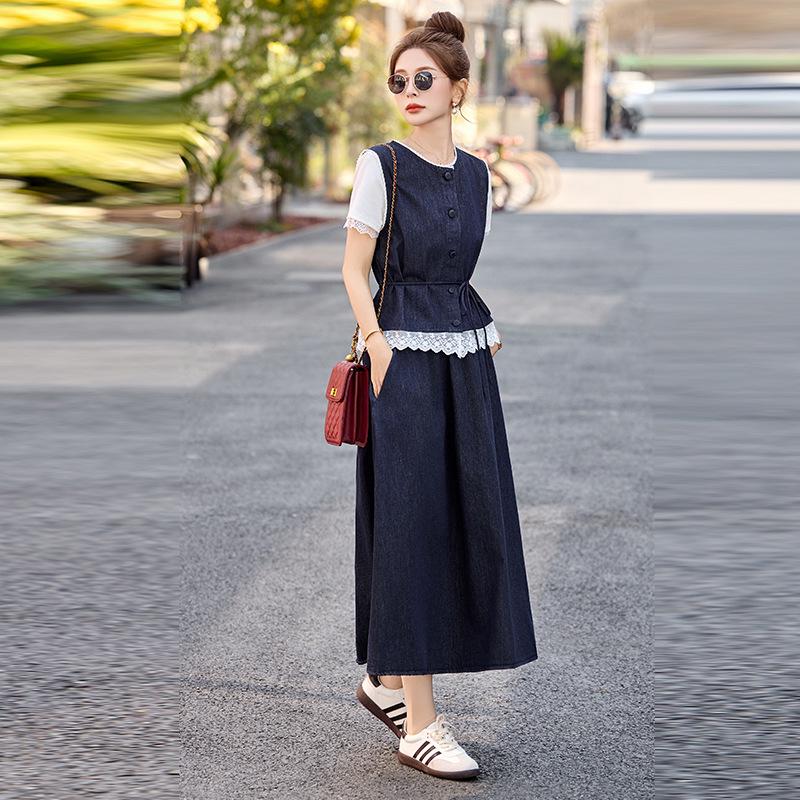 

Шикарный летний джинсовый костюм-юбка 2025: Утягивающий жилет и юбка миди для женщин S