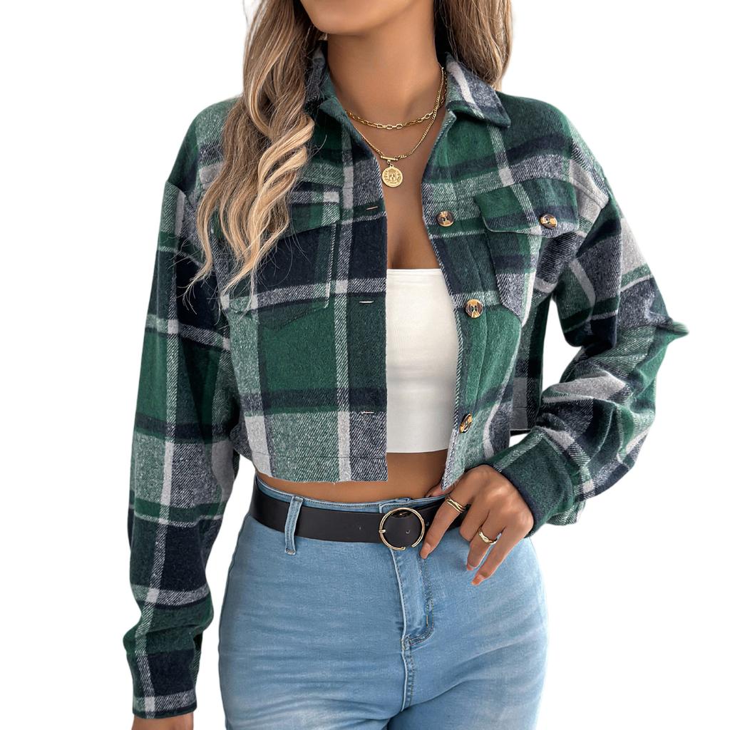 Damen Kontrastierendes Kariertes Langarm Wollkurzjacke Jacke
