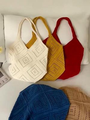 Eleagnt Beach Vacation Knitted Hollow Out Shoulde Bag Handbag Women's Fashion Bucket Soft Crochet Tote Bag