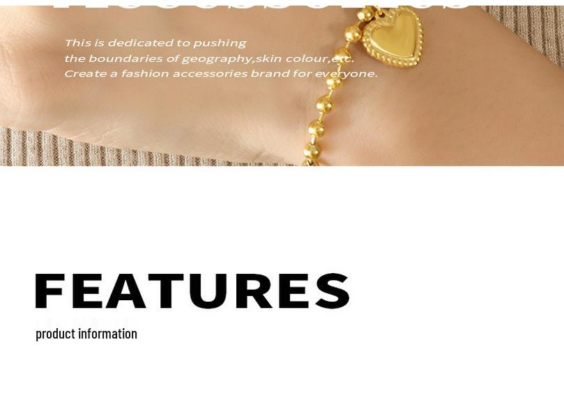 Trendy European & American Couples Peach Heart Necklace & Bracelet Set, Titanium Steel, 18K Gold Plated, Round Bead Chain.