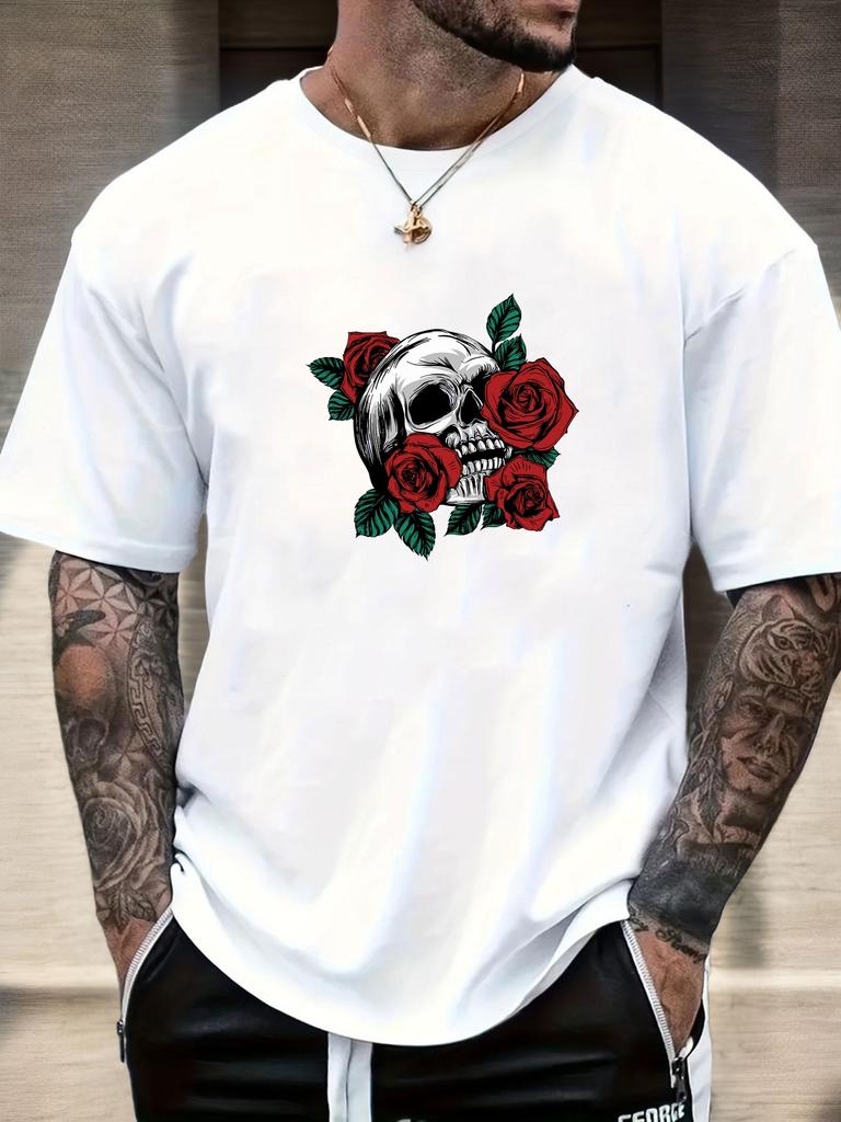 Mens Casual Tshirt Skull Rose Print Short Sleeve Round Neck Breathable Soft Oversized Edgy Daily Wear Tee
