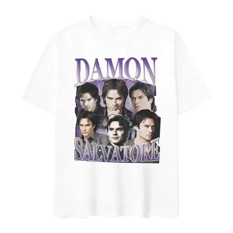 Damon Salvatore Ian Somerhalder TV-Drama Muster T-Shirt für Damen Retro Gothic Mode Übergroßes T-Shirt für Damen Streetwear