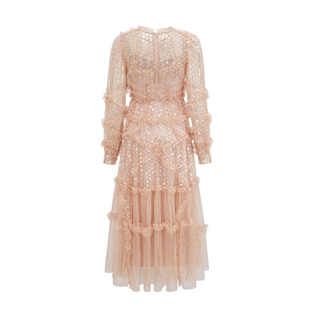 Elegant Mesh Embroidered Sequined High-Waist Long Sleeve Long A-skirt Daily Travel Dress
