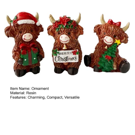 3Pcs Highland Cow Figurines Christmas Decor Resin Calf Animal Statue for Home Garden Office Rustic Farmhouse Tabletop Decoration