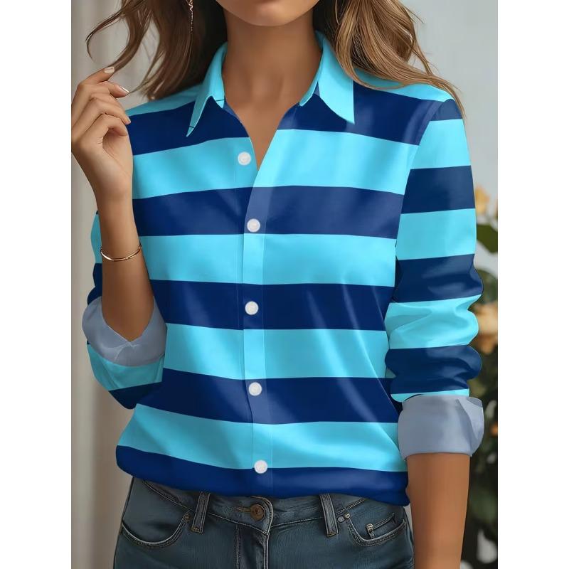 Camicia da Donna Stampata a Maniche Lunghe Moda Revers Casual Quotidiana Top da Donna