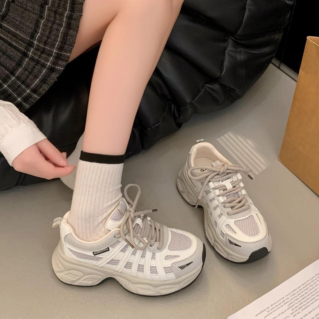 Popular Thick-soled Heightened Mesh Dad Shoes for Women 2025 Spring New Color Matching Lace-up Versatile Sports and Leisure Shoes Tide